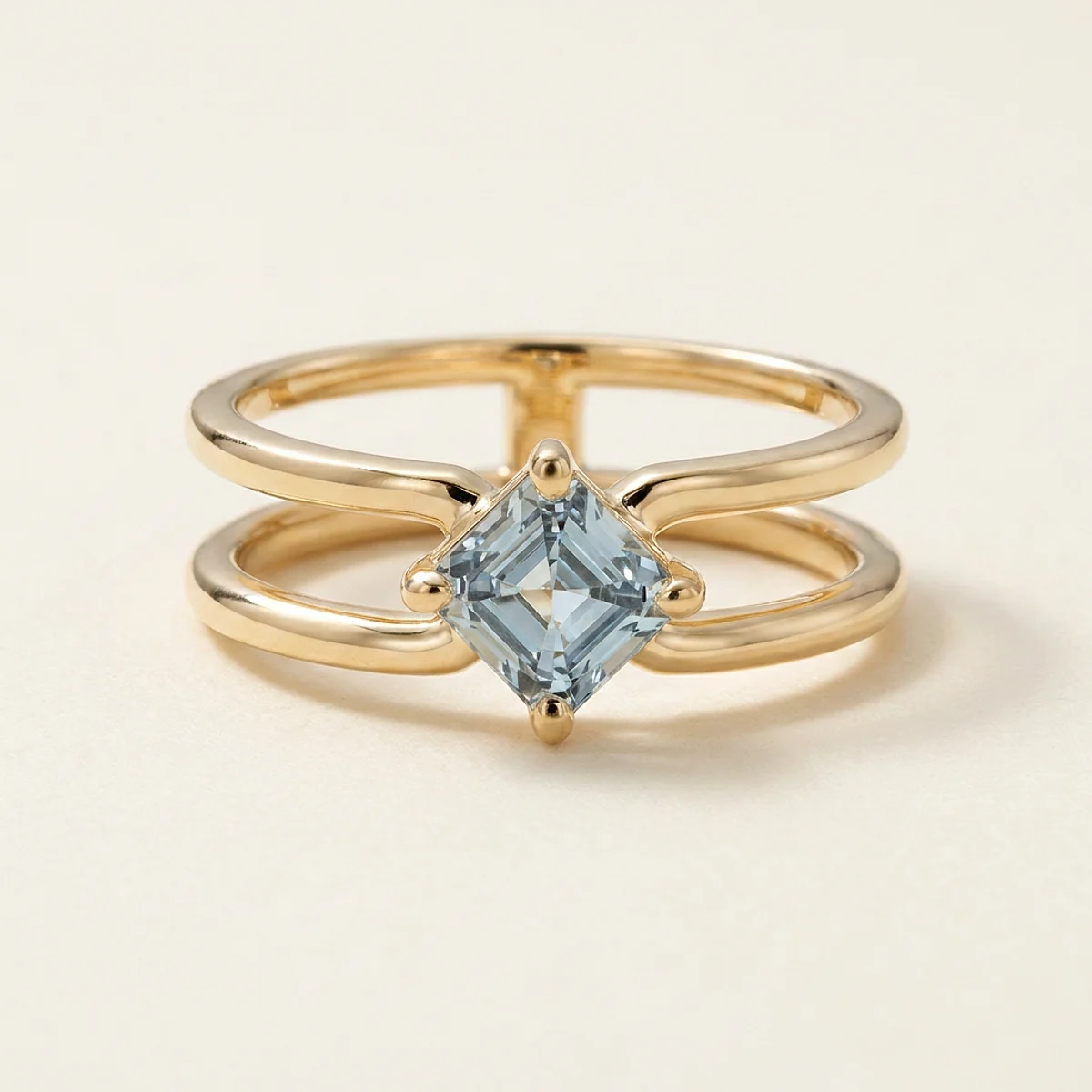A .75ct blue asscher diamond on a yellow gold ring, custom-designed by Eterneva to honor the remarkable Marge.