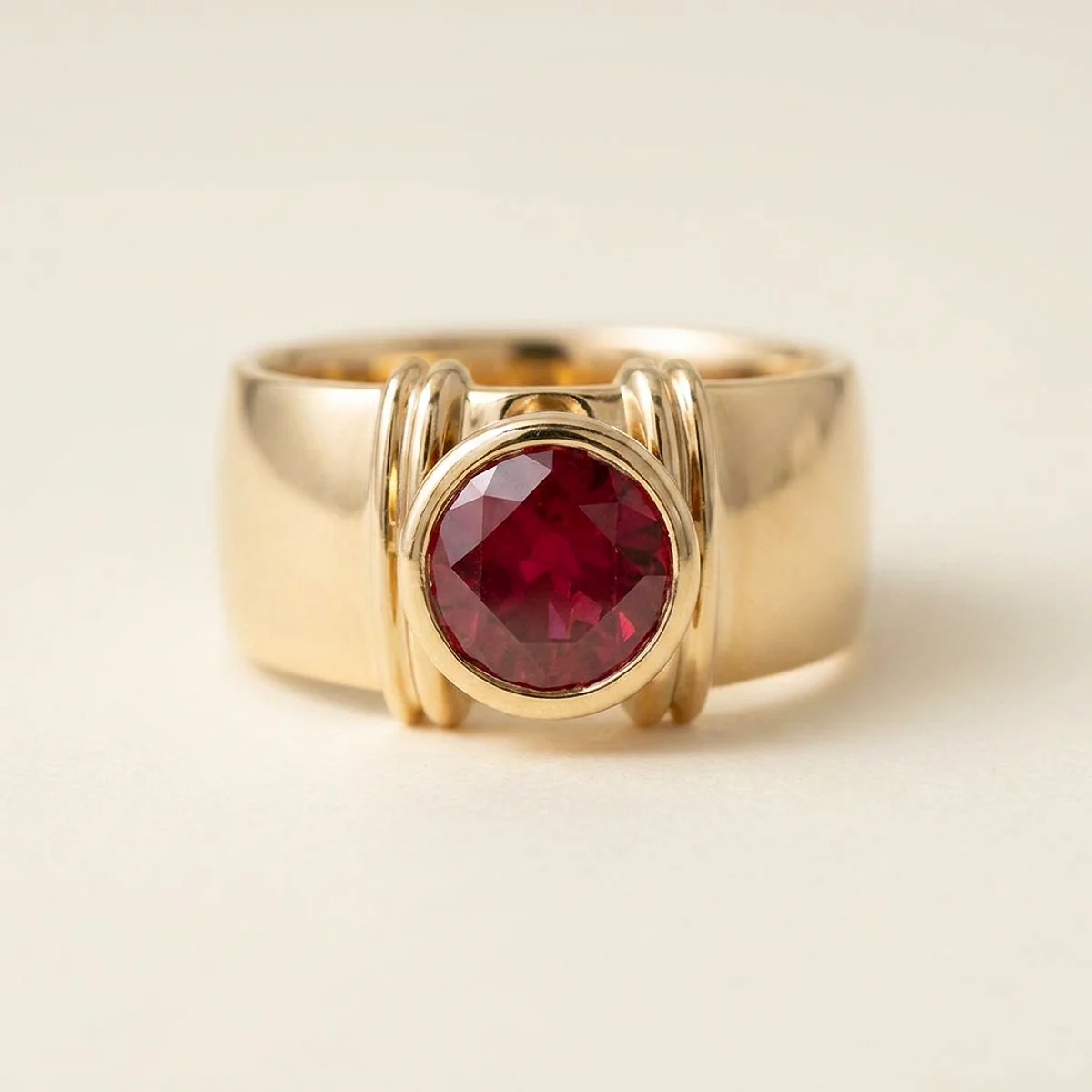A 1.5ct red round diamond on a yellow gold ring, custom-designed by Eterneva to honor the remarkable Ruby.
