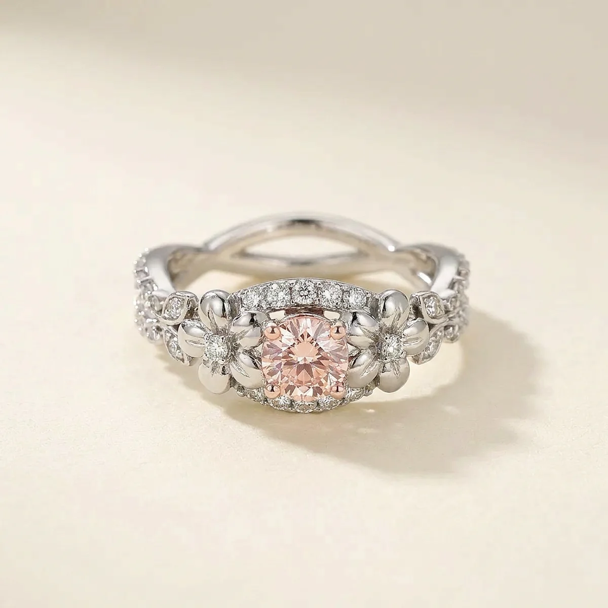 A .5ct pink round diamond on a white gold ring, custom-designed by Eterneva to honor the remarkable Aaliyah.