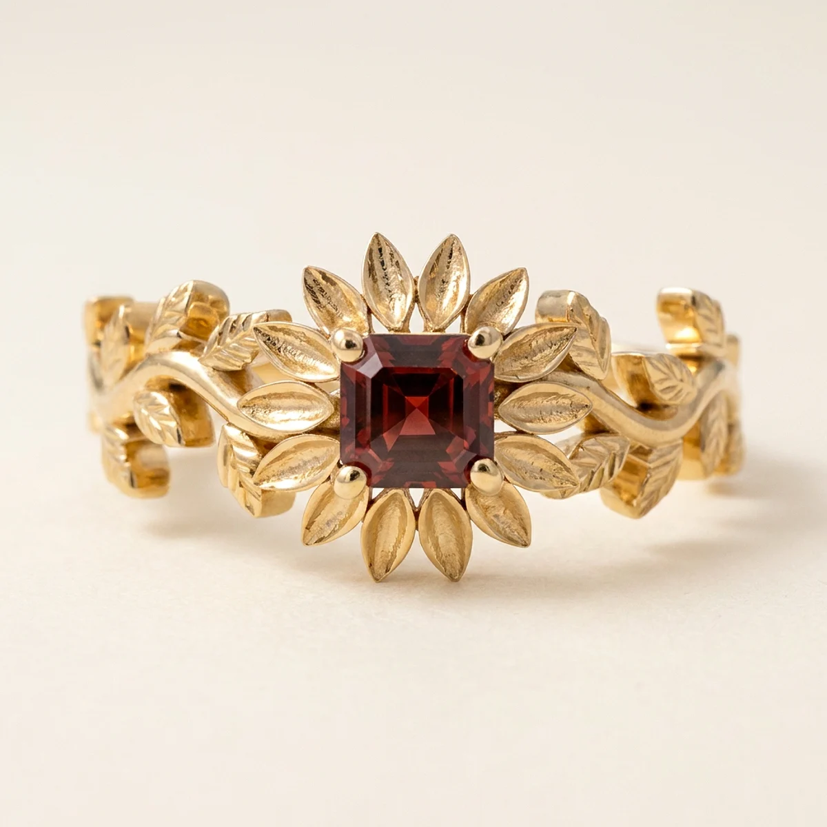 A .5ct red asscher diamond on a yellow gold ring, custom-designed by Eterneva to honor the remarkable Mila.