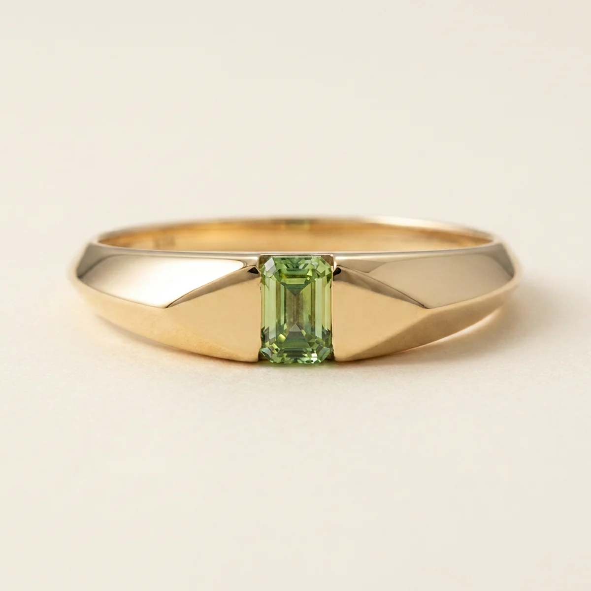 A .4ct green emerald diamond on a yellow gold ring, custom-designed by Eterneva to honor the remarkable Bourbon.