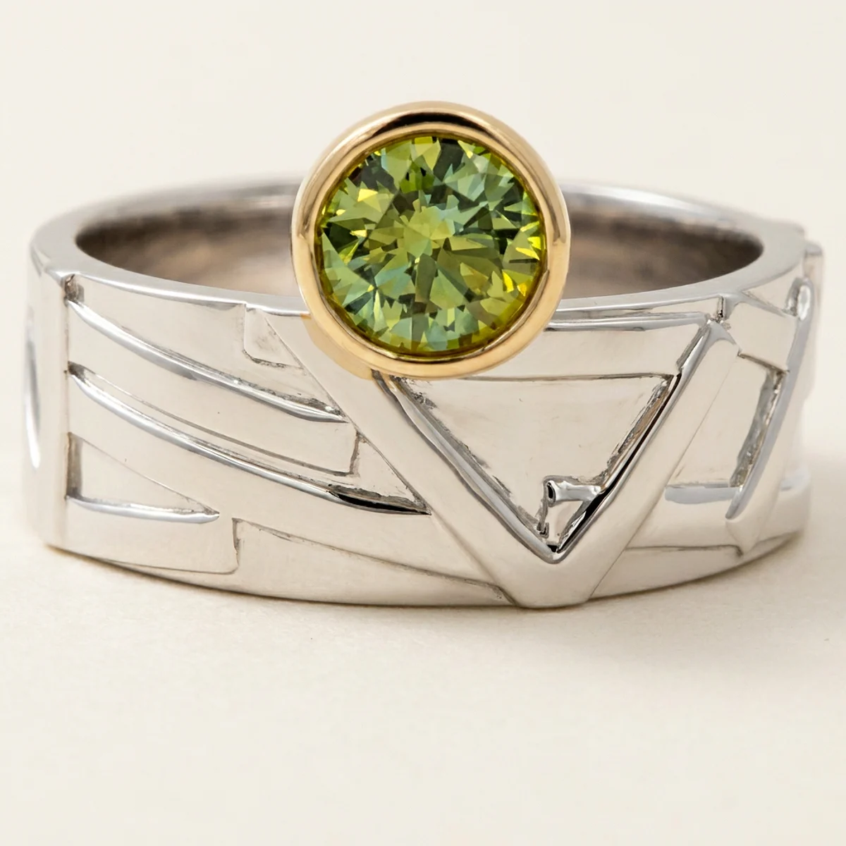 A .75ct green round diamond on a mixed metal ring, custom-designed by Eterneva to honor the remarkable Potter.