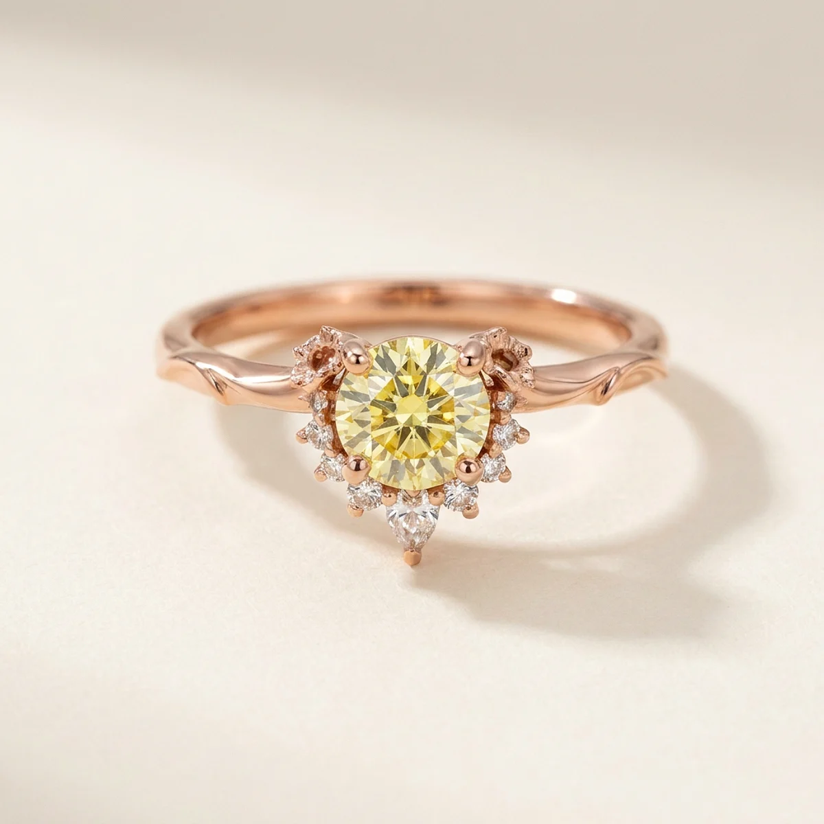 A .75ct yellow round diamond on a rose gold ring, custom-designed by Eterneva to honor the remarkable Tiki.