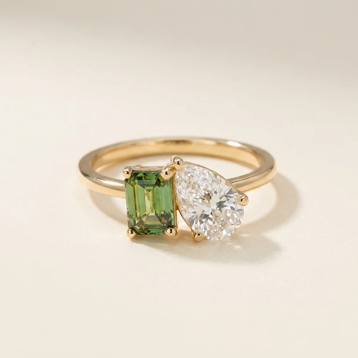 A 1ct green emerald diamond on a yellow gold ring, custom-designed by Eterneva to honor the remarkable Leilani.