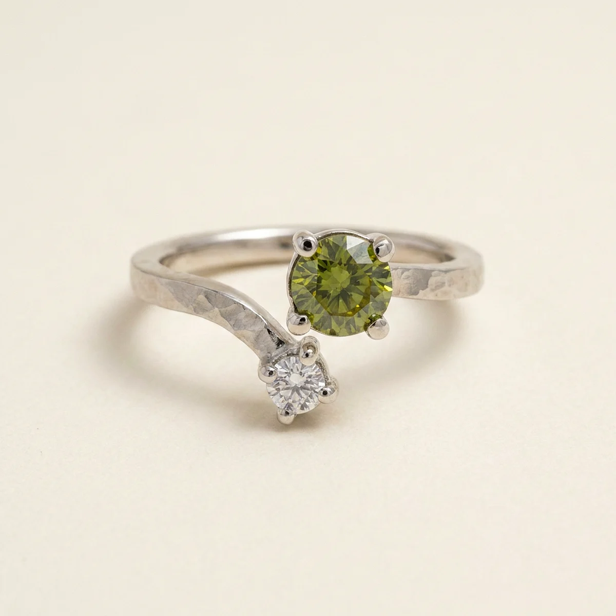 A .5ct green round diamond on a platinum ring, custom-designed by Eterneva to honor the remarkable Mahina.