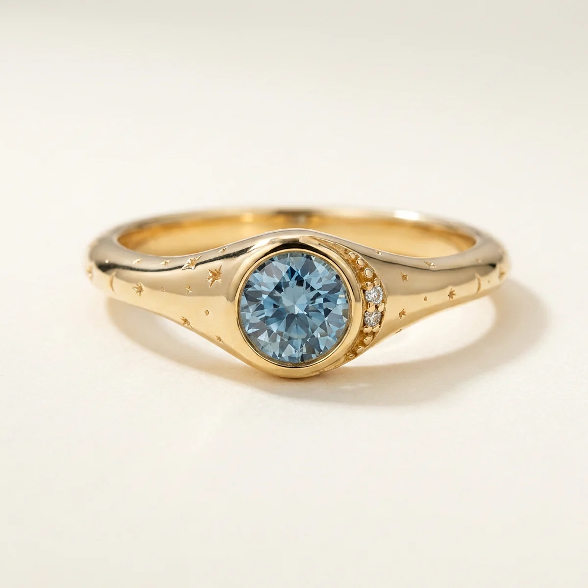 A .25ct blue round diamond on a yellow gold ring, custom-designed by Eterneva to honor the remarkable Wayne.