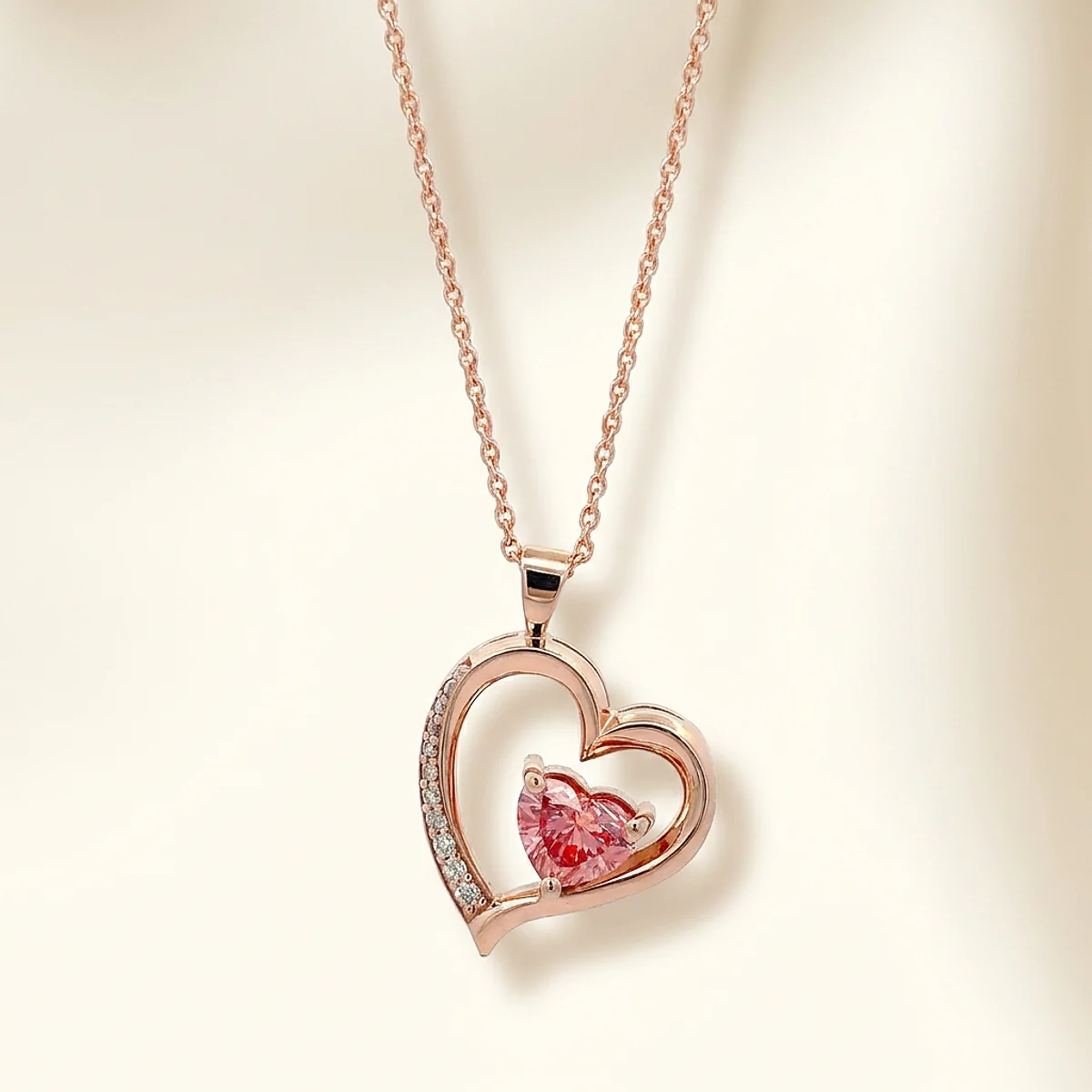 A 1ct pink heart diamond on a rose gold pendant, custom-designed by Eterneva to honor the remarkable Shiloh.