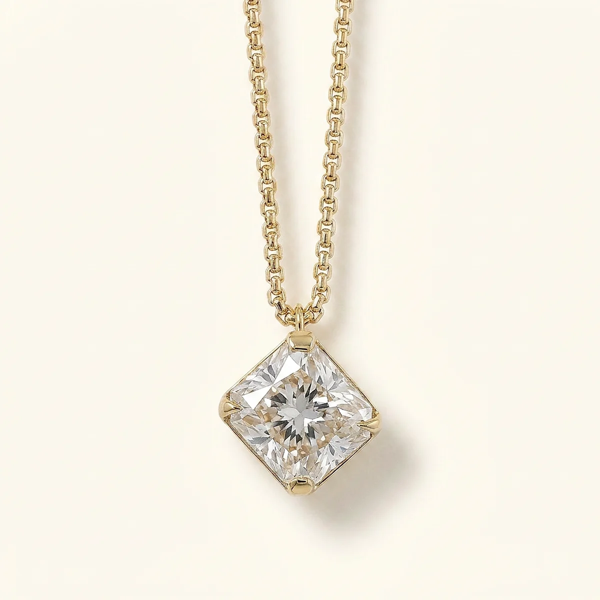 A 2ct colorless rectangular radiant diamond on a yellow gold pendant, custom-designed by Eterneva to honor the remarkable Lois.