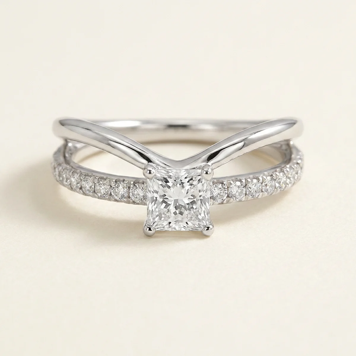 A .5ct colorless square radiant diamond on a white gold ring, custom-designed by Eterneva to honor the remarkable Deb.