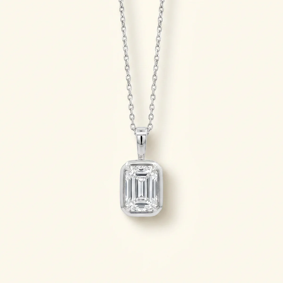 A 1.5ct colorless emerald diamond on a white gold pendant, custom-designed by Eterneva to honor the remarkable Angela.