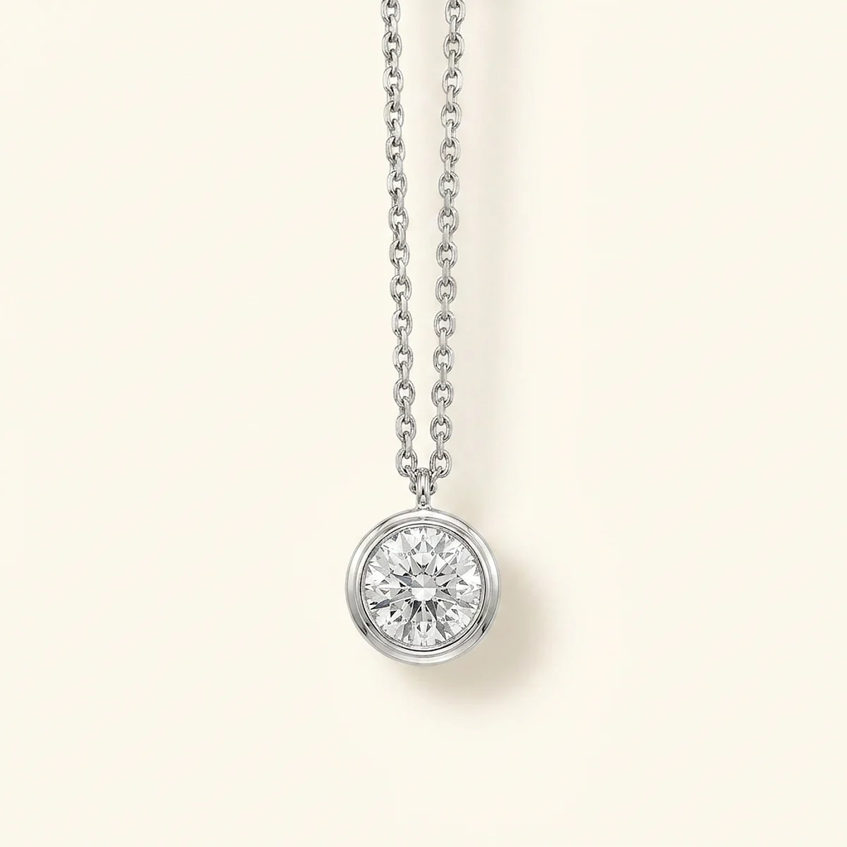 A .75ct colorless round diamond on a white gold necklace, custom-designed by Eterneva to honor the remarkable Blue.