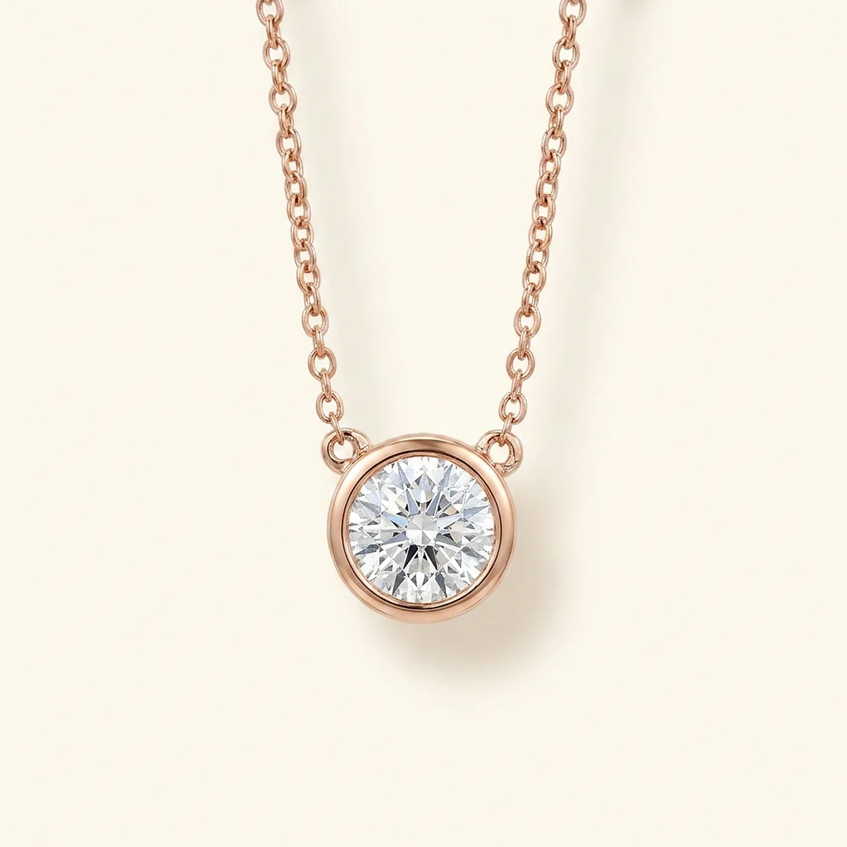 A .75ct colorless round diamond on a rose gold necklace, custom-designed by Eterneva to honor the remarkable Bevan.