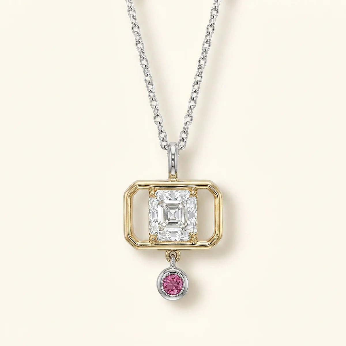 A 1ct colorless asscher diamond on a mixed metal necklace, custom-designed by Eterneva to honor the remarkable Kylie.