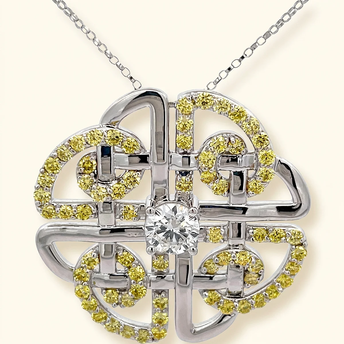 A 1ct colorless round diamond on a white gold necklace, custom-designed by Eterneva to honor the remarkable Dublin.