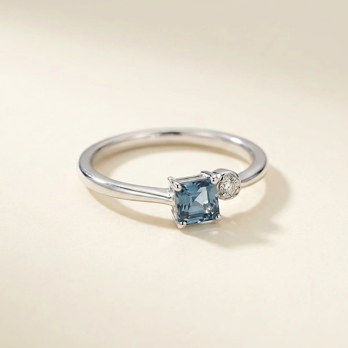 A .4ct blue asscher diamond on a white gold ring, custom-designed by Eterneva to honor the remarkable Sassy.