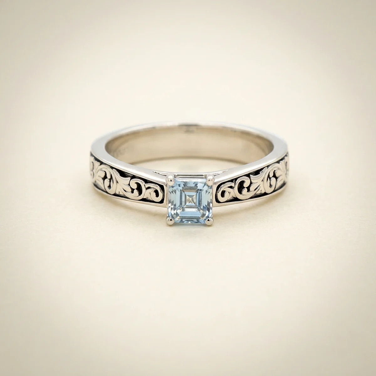 A .5ct blue asscher diamond on a white gold other, custom-designed by Eterneva to honor the remarkable Kiowa.