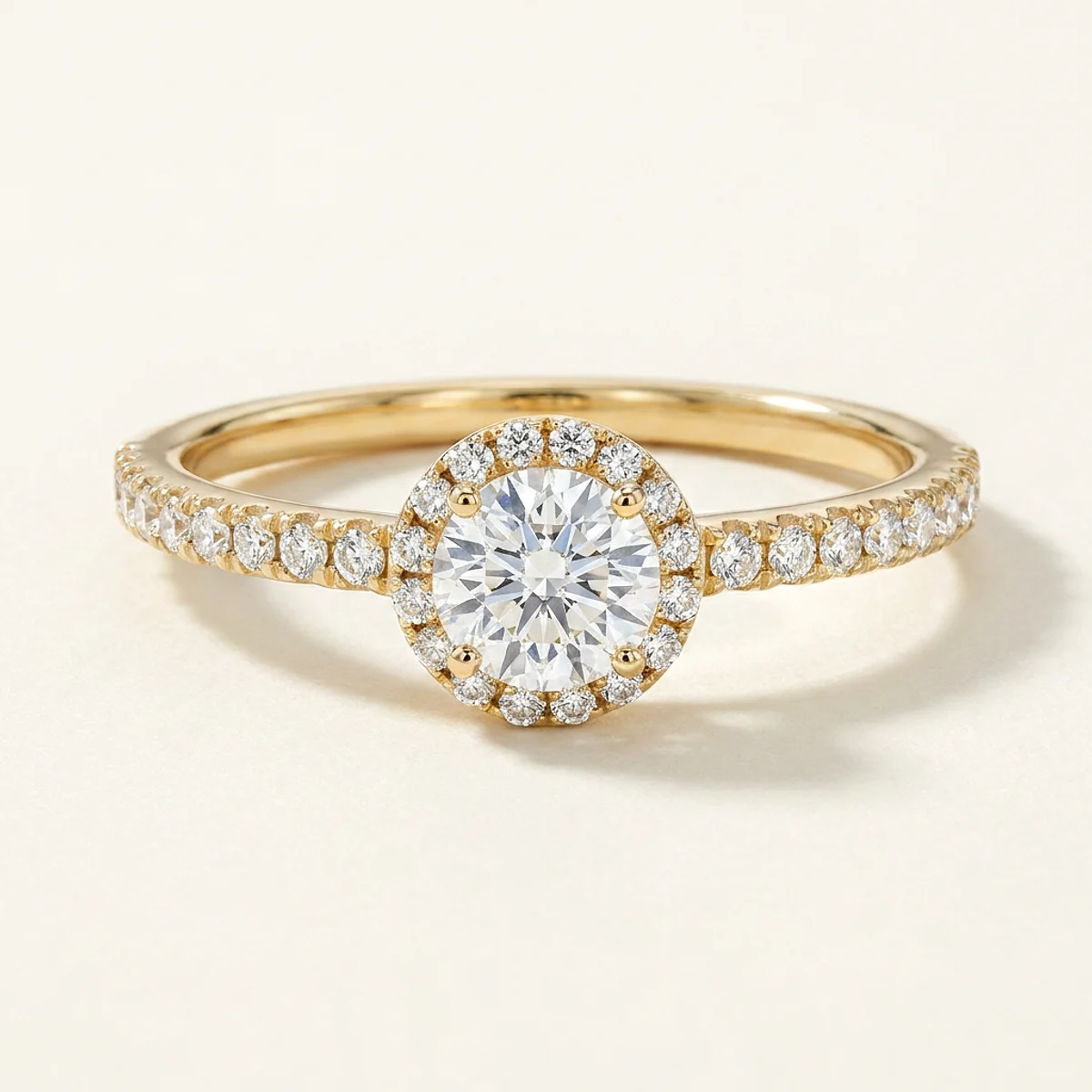A .5ct colorless round diamond on a yellow gold ring, custom-designed by Eterneva to honor the remarkable Claire.