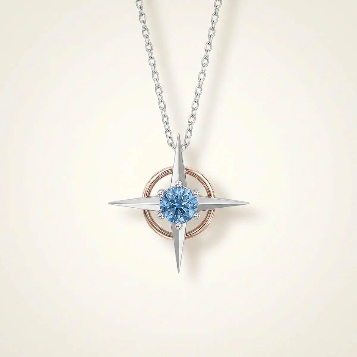A .15ct blue round diamond on a mixed metal necklace, custom-designed by Eterneva to honor the remarkable Jubilee.