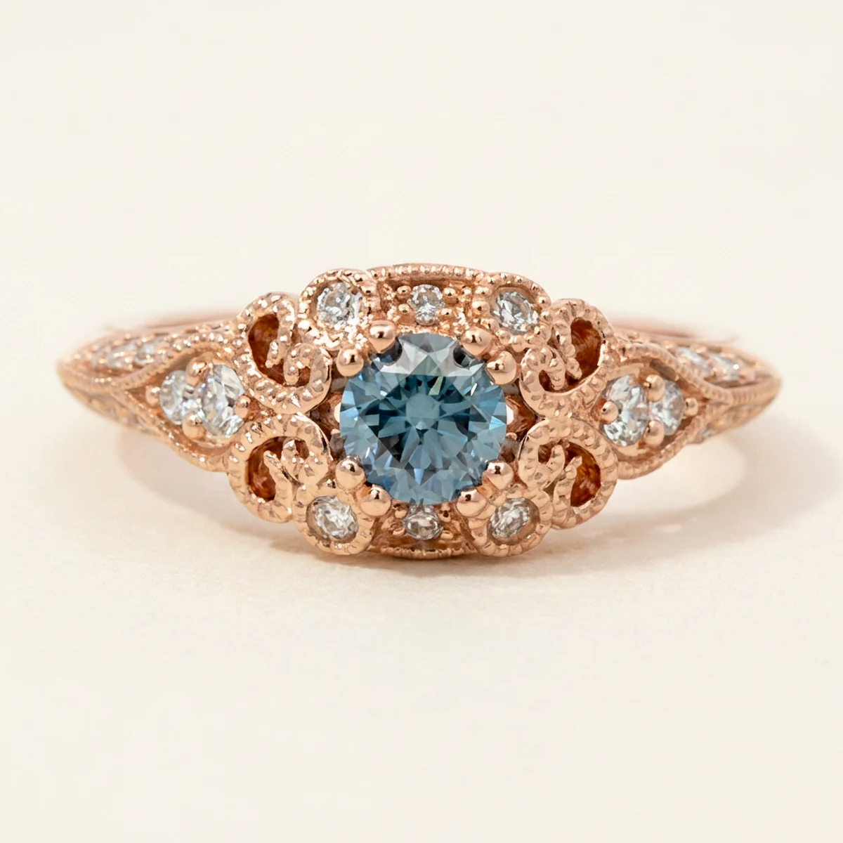 A .4ct blue round diamond on a rose gold ring, custom-designed by Eterneva to honor the remarkable Sundae.