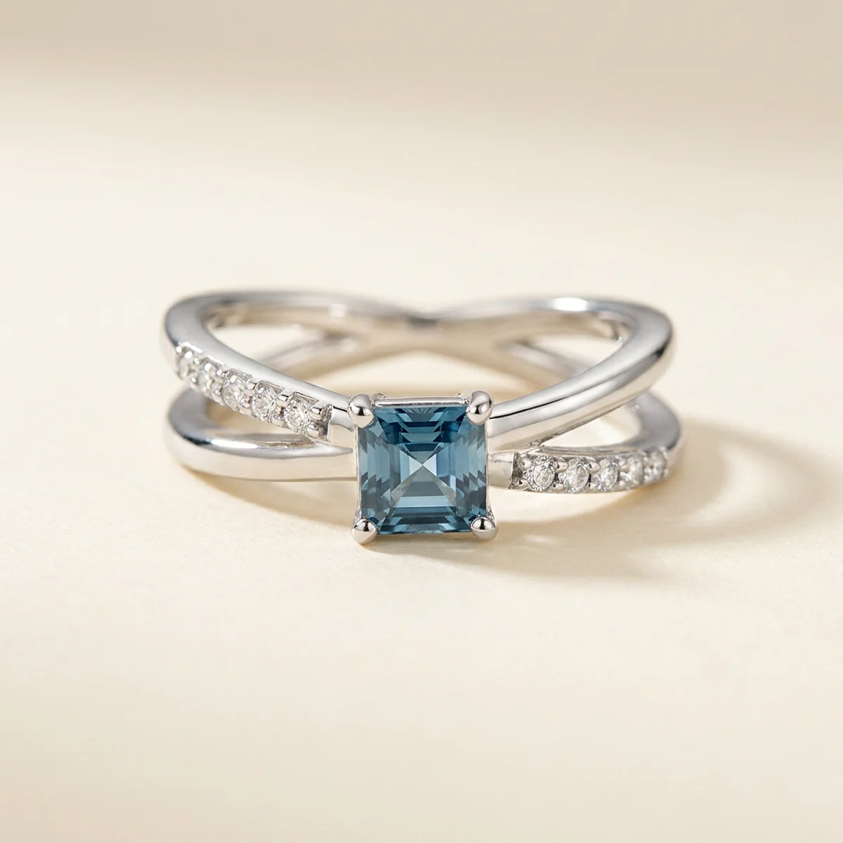 A .5ct blue asscher diamond on a platinum ring, custom-designed by Eterneva to honor the remarkable Whiskey.