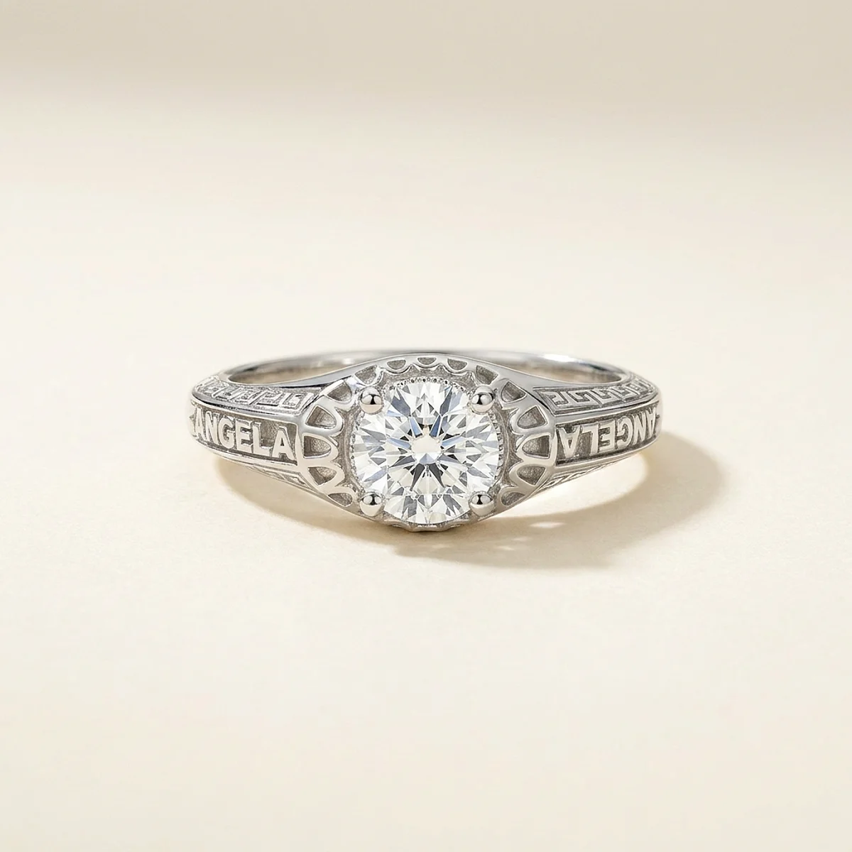 A .25ct colorless round diamond on a white gold ring, custom-designed by Eterneva to honor the remarkable Angela.