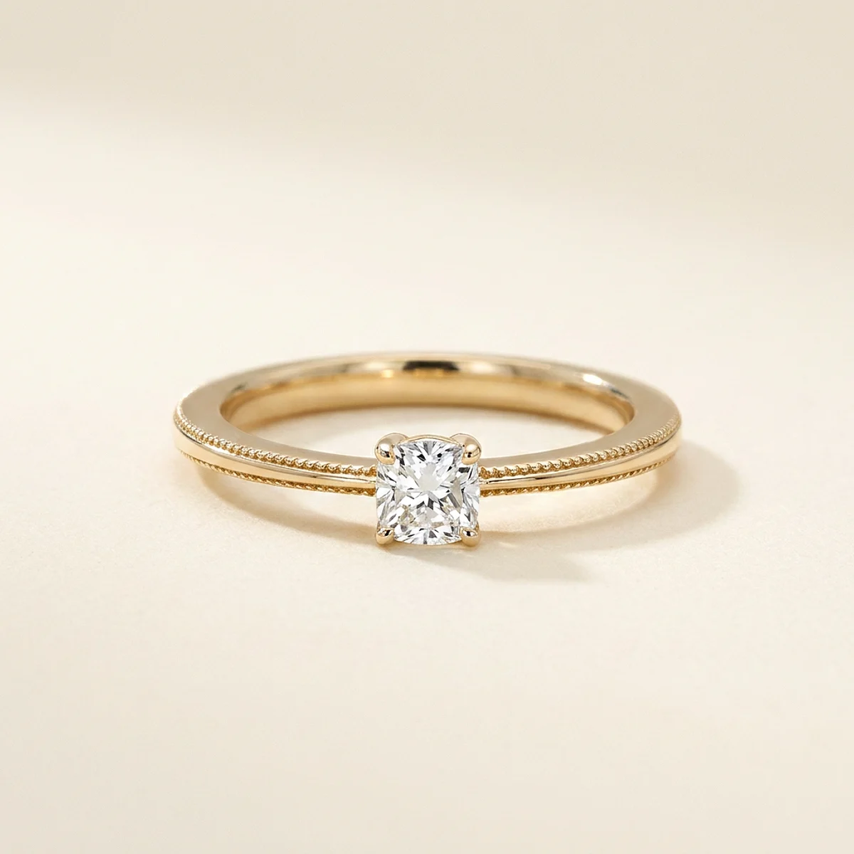 A .25ct colorless cushion diamond on a yellow gold ring, custom-designed by Eterneva to honor the remarkable Bill.