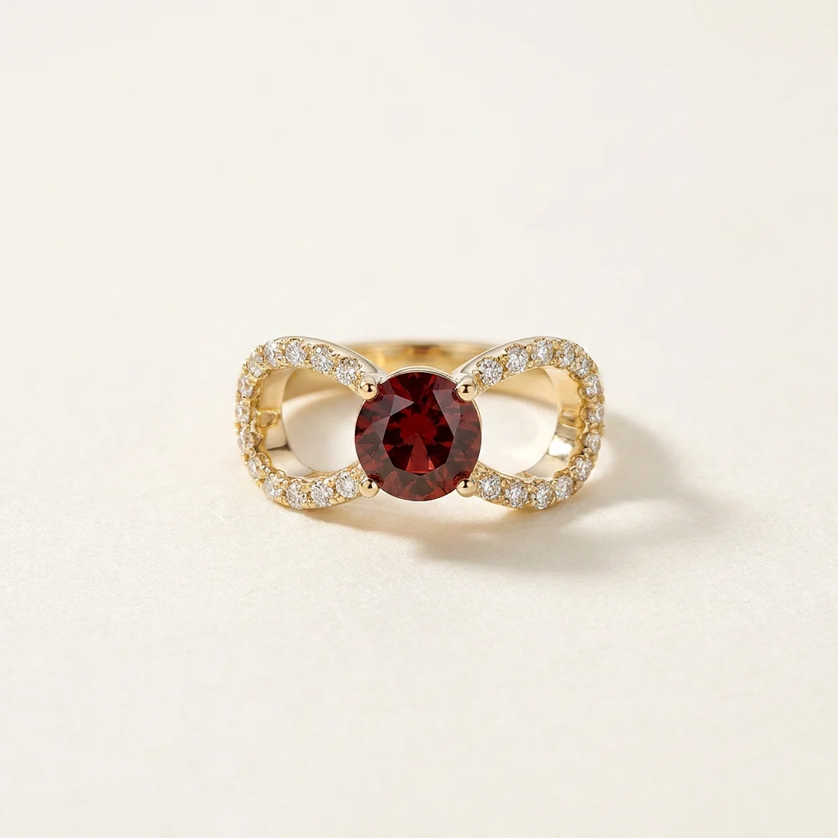A 1ct red round diamond on a yellow gold ring, custom-designed by Eterneva to honor the remarkable Jill.