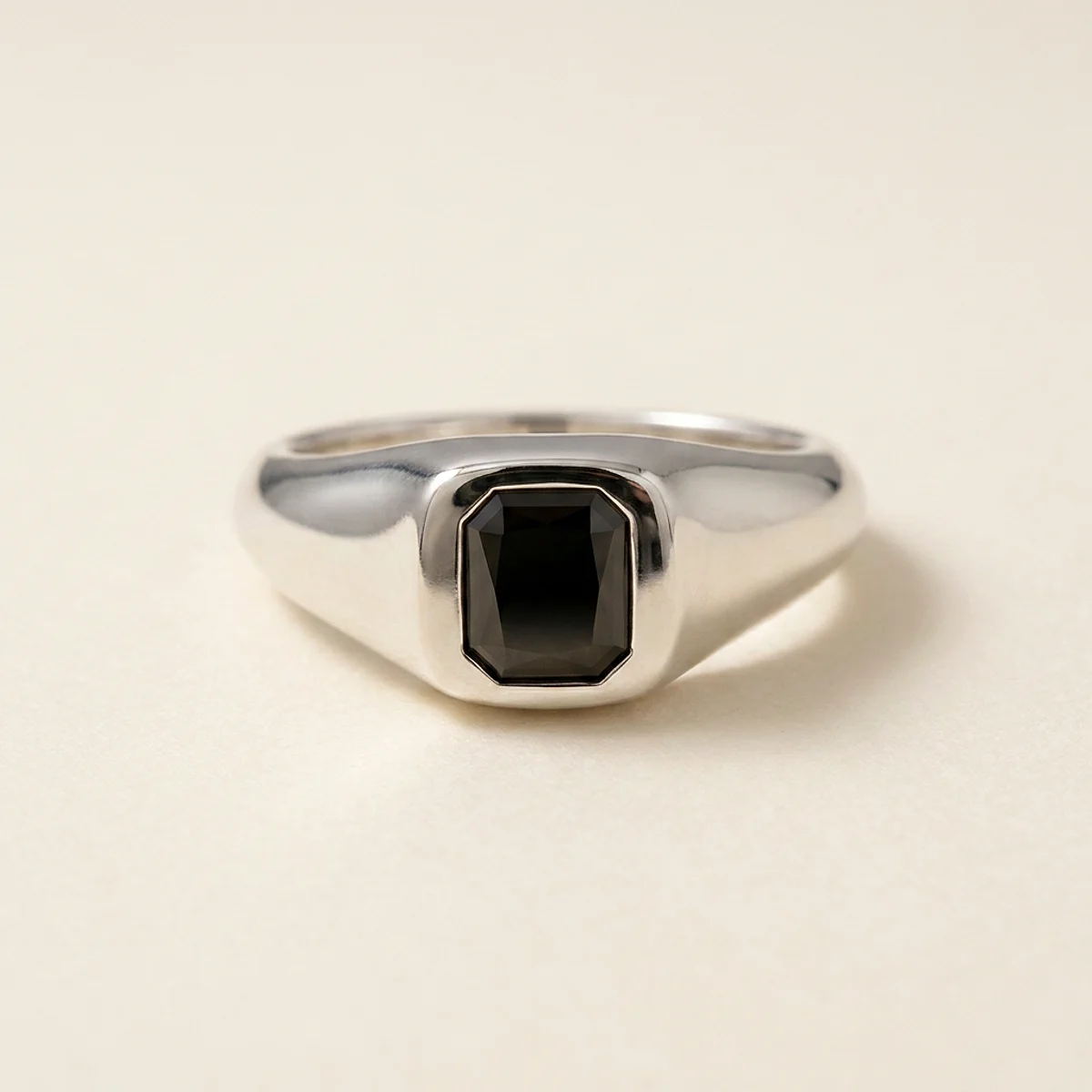 A .5ct black rectangular radiant diamond on a silver ring, custom-designed by Eterneva to honor the remarkable Hope.