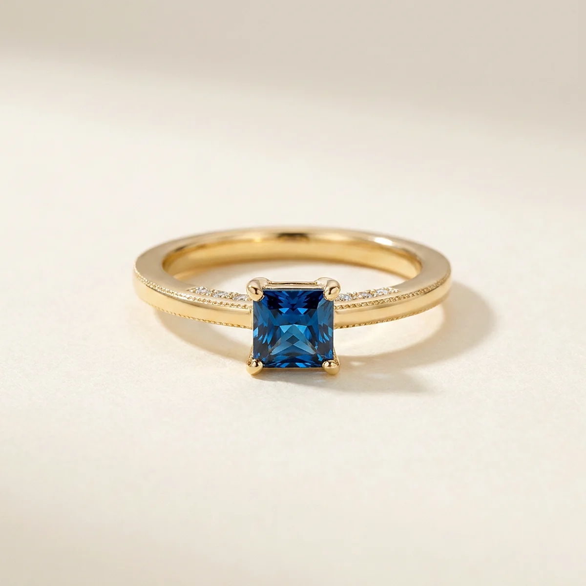 A .5ct blue radiant diamond on a yellow gold ring, custom-designed by Eterneva to honor the remarkable Eugene.