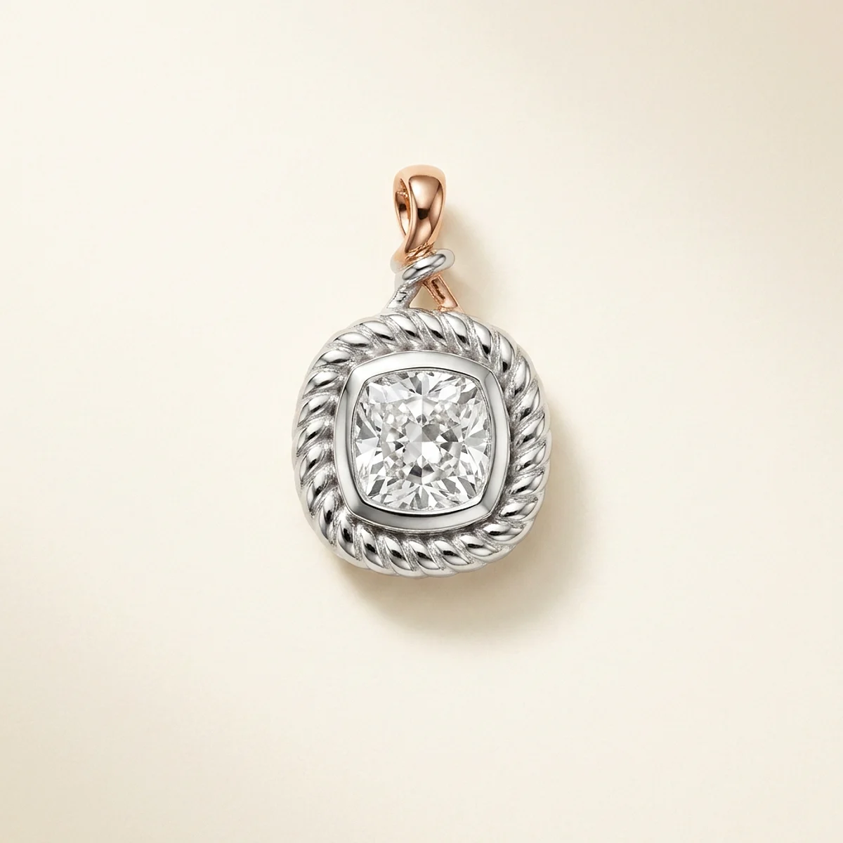 A .25ct colorless cushion diamond on a mixed metal pendant, custom-designed by Eterneva to honor the remarkable Tokyo.