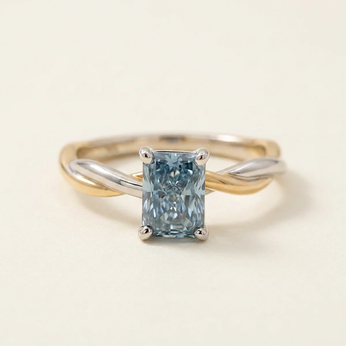 A 1ct blue radiant diamond on a mixed metal ring, custom-designed by Eterneva to honor the remarkable Miles.