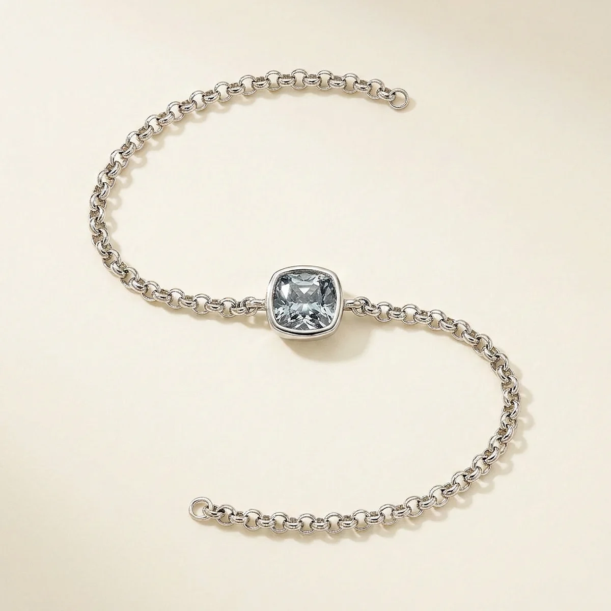 A .5ct blue cushion diamond on a white gold bracelet, custom-designed by Eterneva to honor the remarkable Clare.
