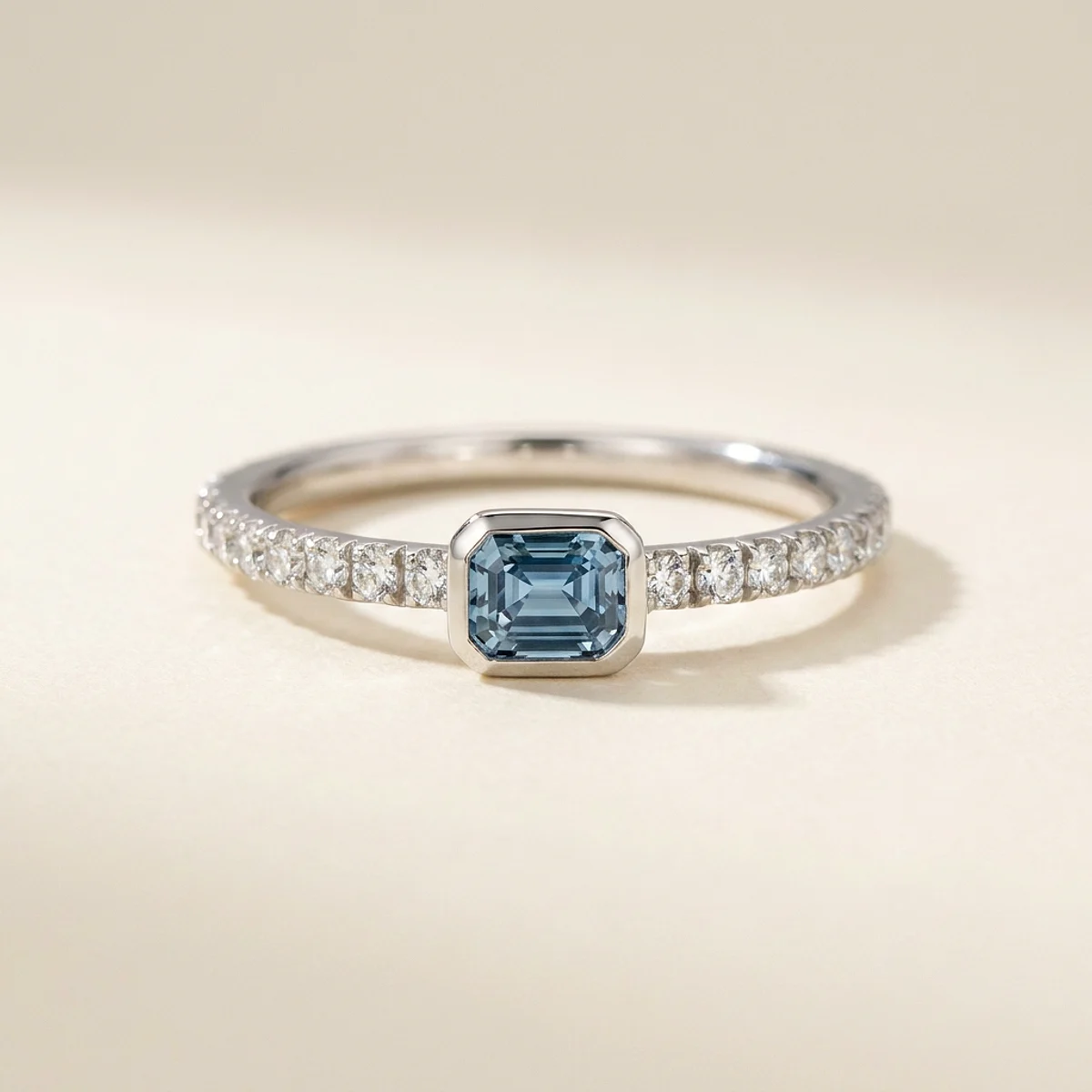 A .4ct blue emerald diamond on a white gold ring, custom-designed by Eterneva to honor the remarkable Koa.