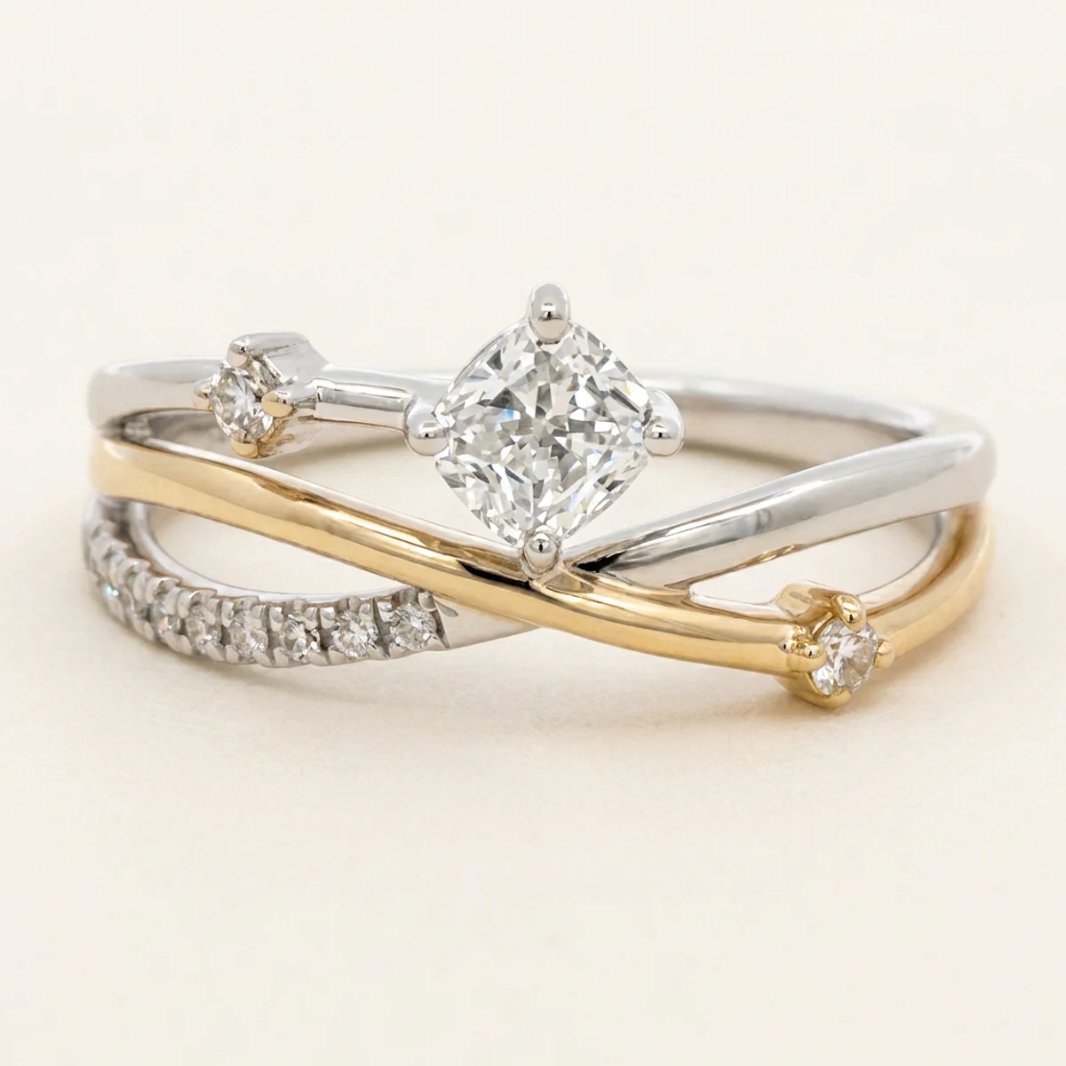 A .5ct colorless cushion diamond on a mixed metal ring, custom-designed by Eterneva to honor the remarkable Echo.