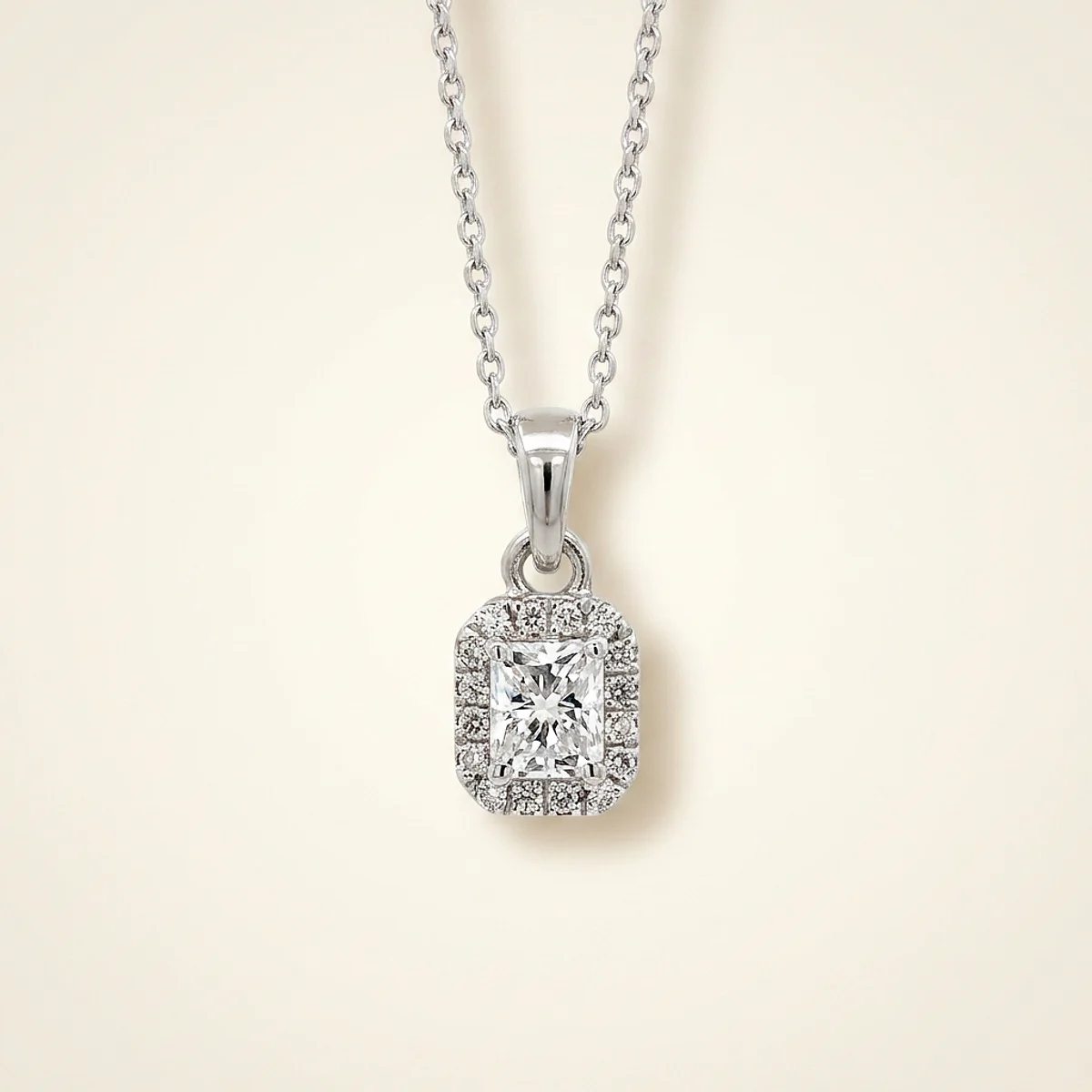 A .4ct colorless radiant diamond on a white gold pendant, custom-designed by Eterneva to honor the remarkable Justin.