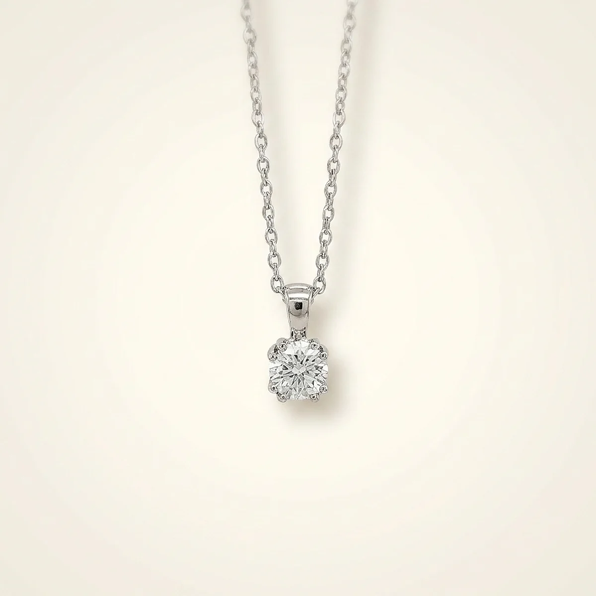 A .75ct colorless round diamond on a white gold necklace, custom-designed by Eterneva to honor the remarkable Lois.