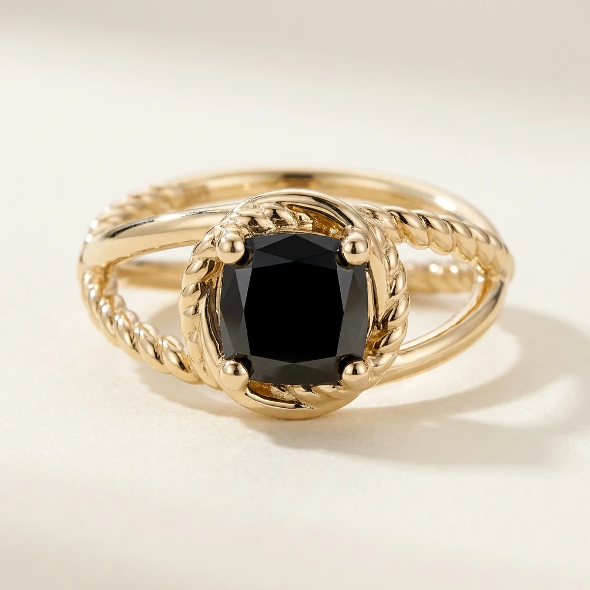 A 1ct black cushion diamond on a yellow gold ring, custom-designed by Eterneva to honor the remarkable Pappy.