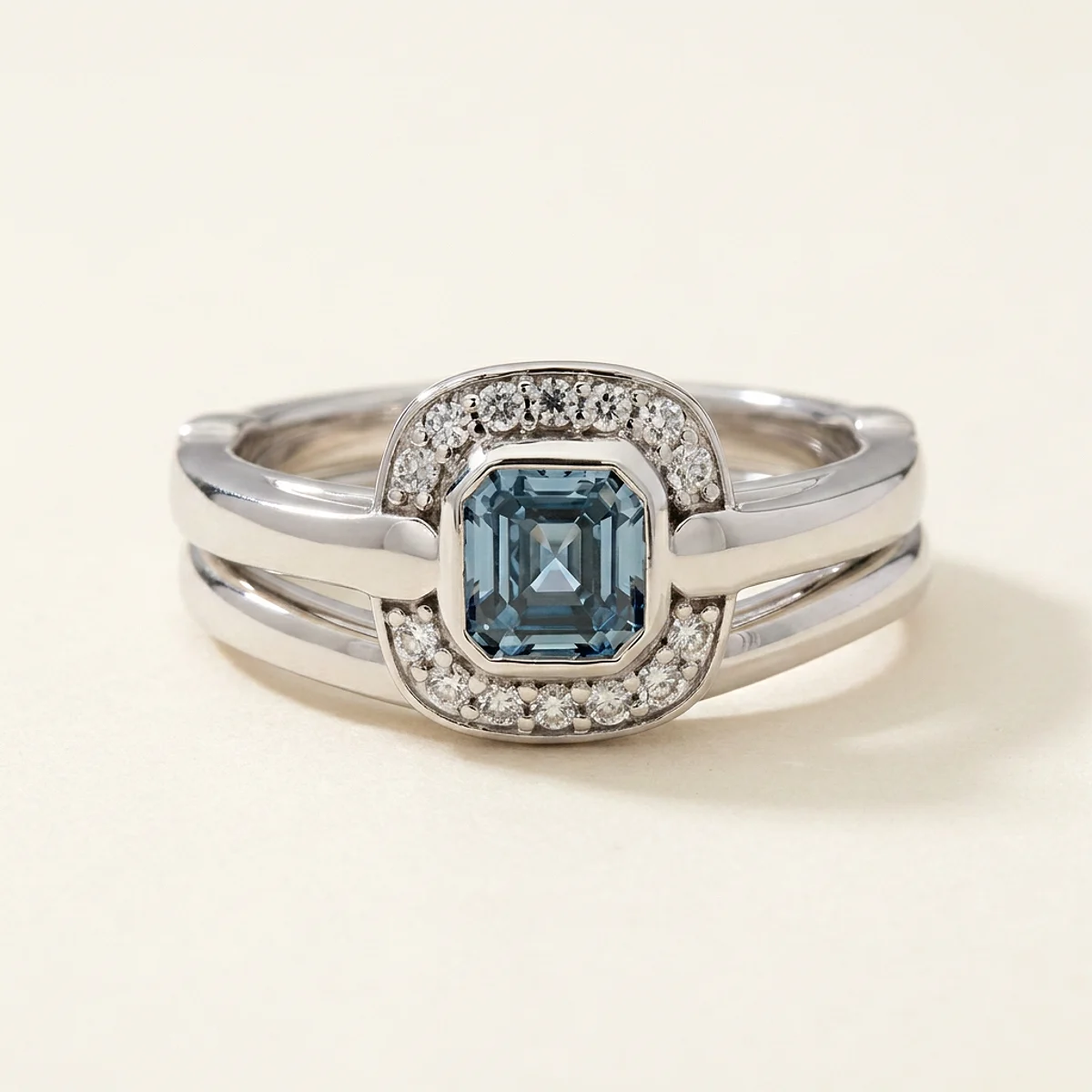 A .5ct blue asscher diamond on a white gold ring, custom-designed by Eterneva to honor the remarkable William.