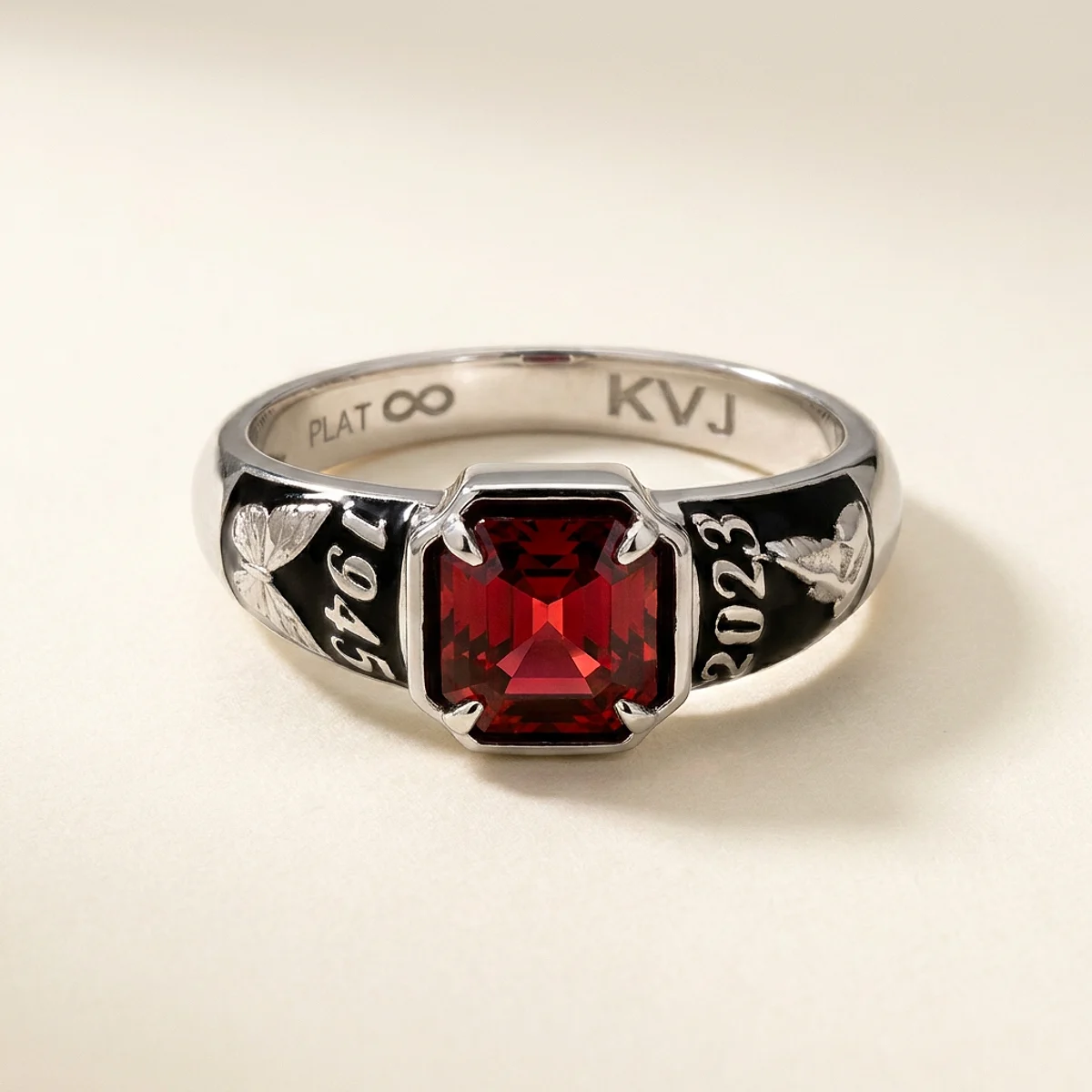 A .4ct red asscher diamond on a platinum ring, custom-designed by Eterneva to honor the remarkable Virginia.