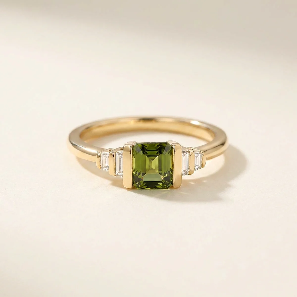 A .75ct green asscher diamond on a yellow gold ring, custom-designed by Eterneva to honor the remarkable Mom.