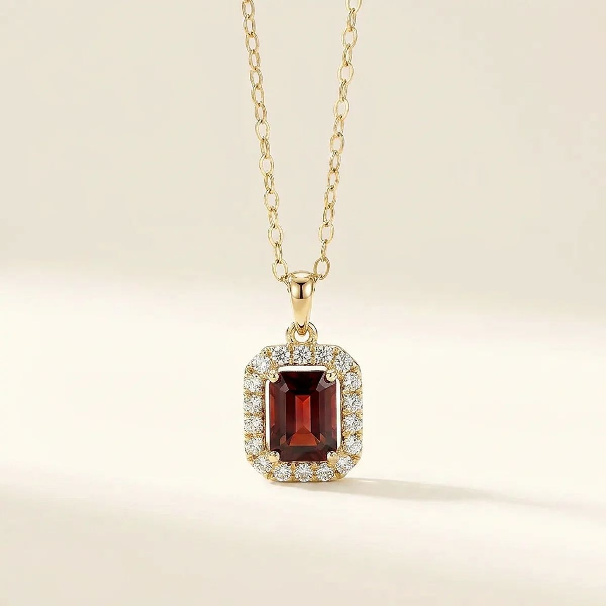 A .5ct red radiant diamond on a yellow gold necklace, custom-designed by Eterneva to honor the remarkable Mary.
