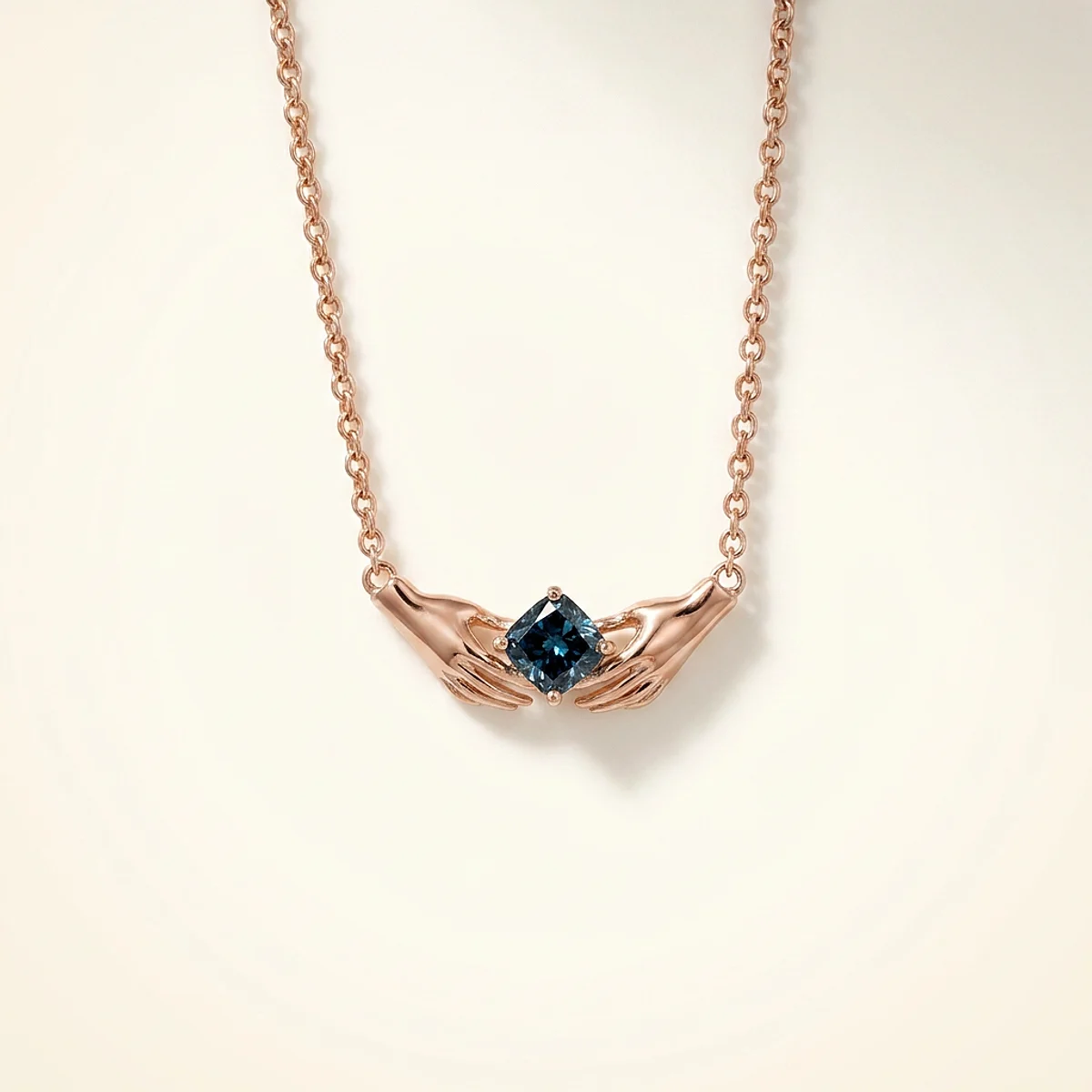A .4ct blue cushion diamond on a rose gold necklace, custom-designed by Eterneva to honor the remarkable Elizabeth.