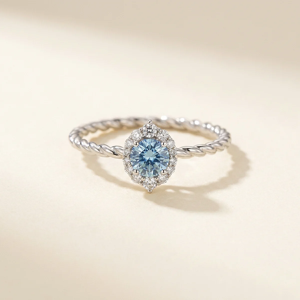 A .5ct blue round diamond on a white gold ring, custom-designed by Eterneva to honor the remarkable Susan.