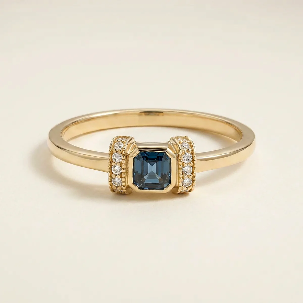 A .4ct blue radiant diamond on a yellow gold ring, custom-designed by Eterneva to honor the remarkable Roanie.