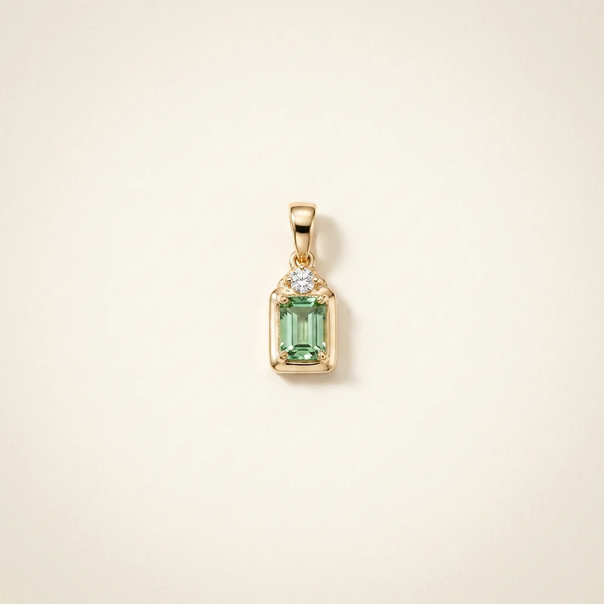 A .25ct green radiant diamond on a yellow gold pendant, custom-designed by Eterneva to honor the remarkable Cheese.