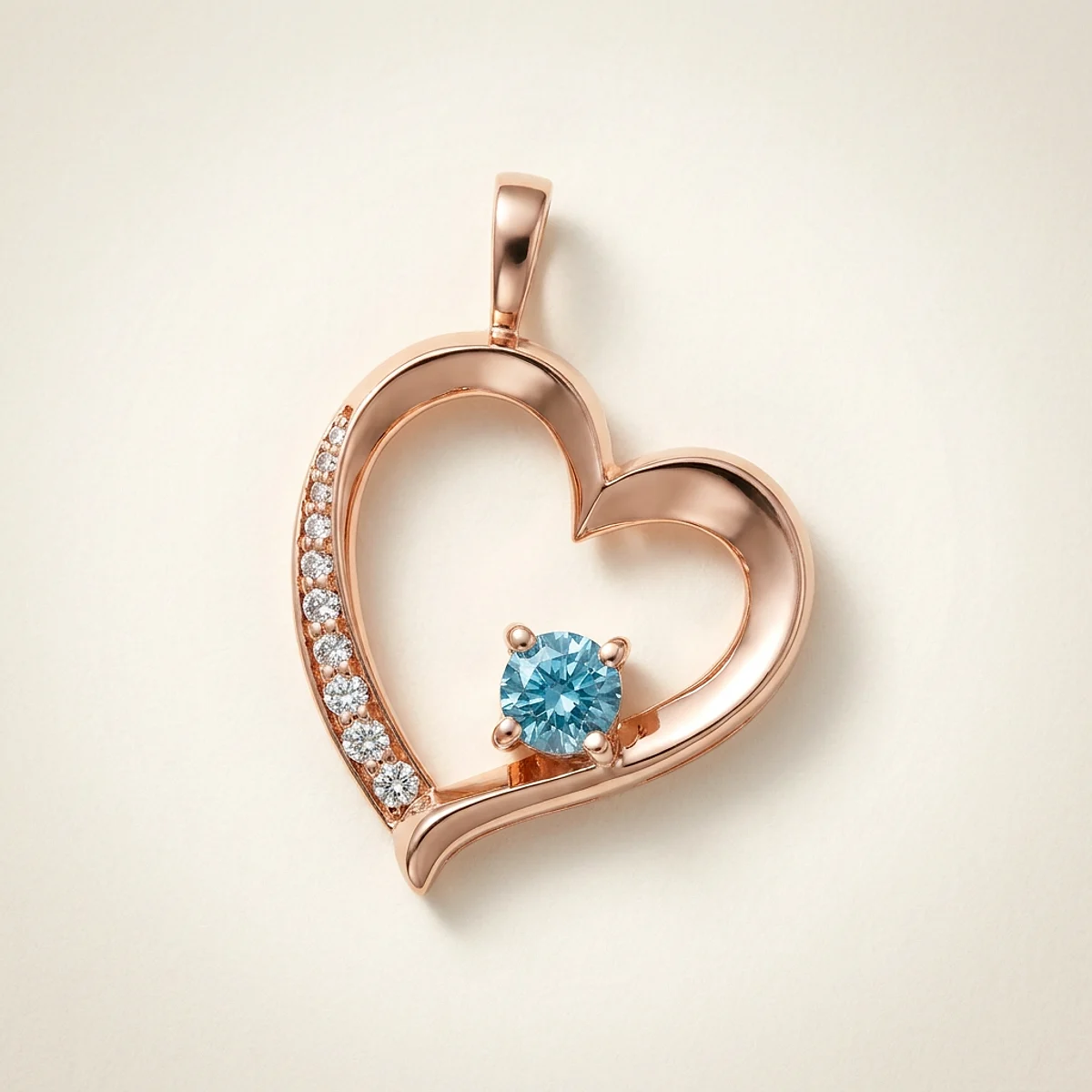 A .25ct blue round diamond on a rose gold pendant, custom-designed by Eterneva to honor the remarkable Marcella.