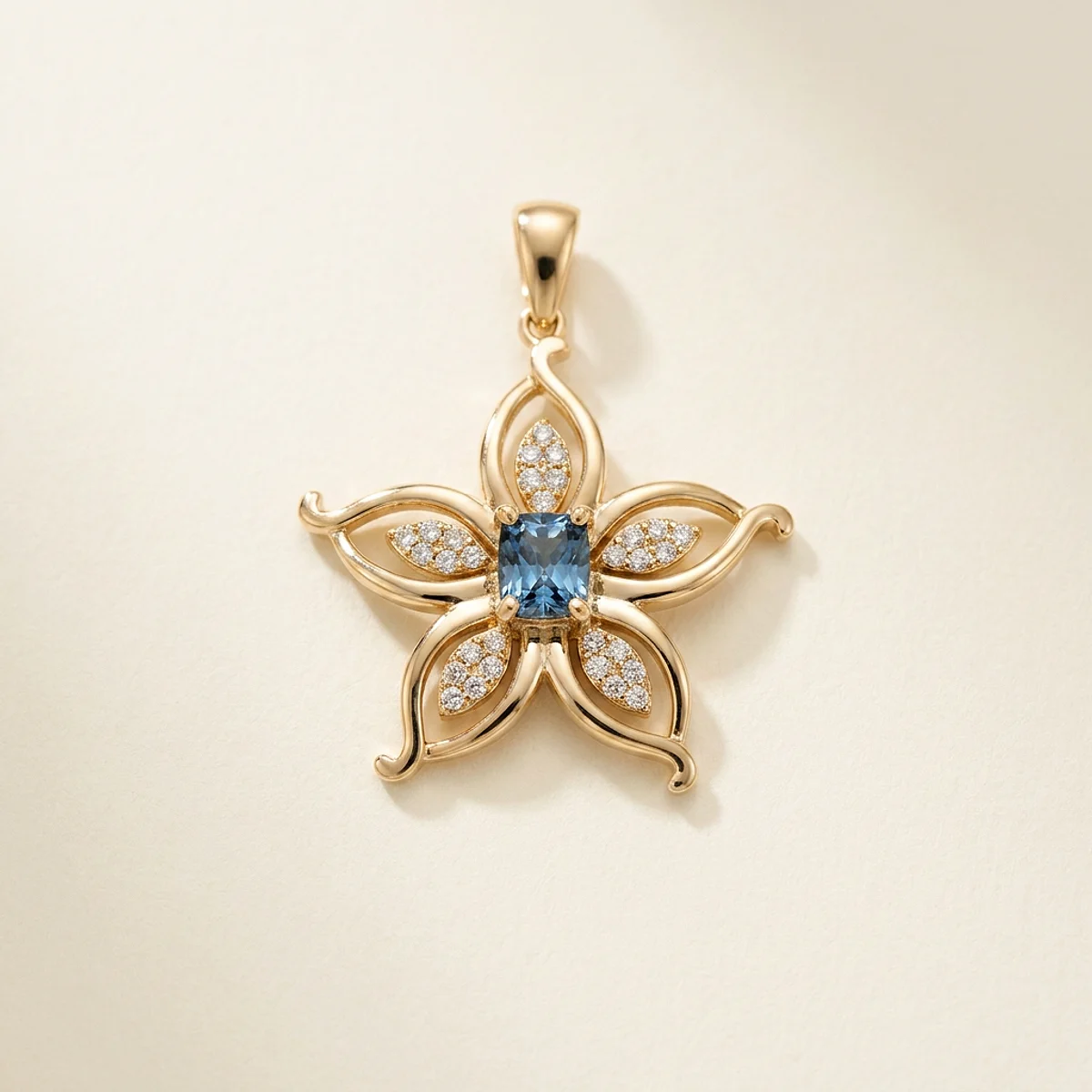A .75ct blue rectangular radiant diamond on a yellow gold pendant, custom-designed by Eterneva to honor the remarkable Lily.