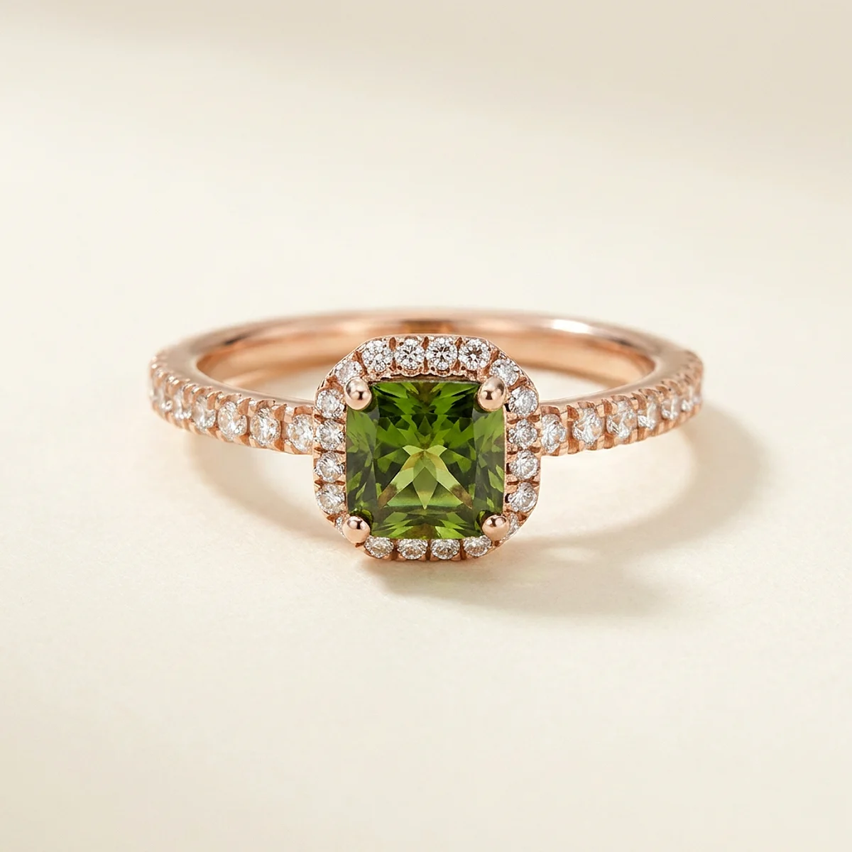 A .75ct green square radiant diamond on a rose gold ring, custom-designed by Eterneva to honor the remarkable Mary.