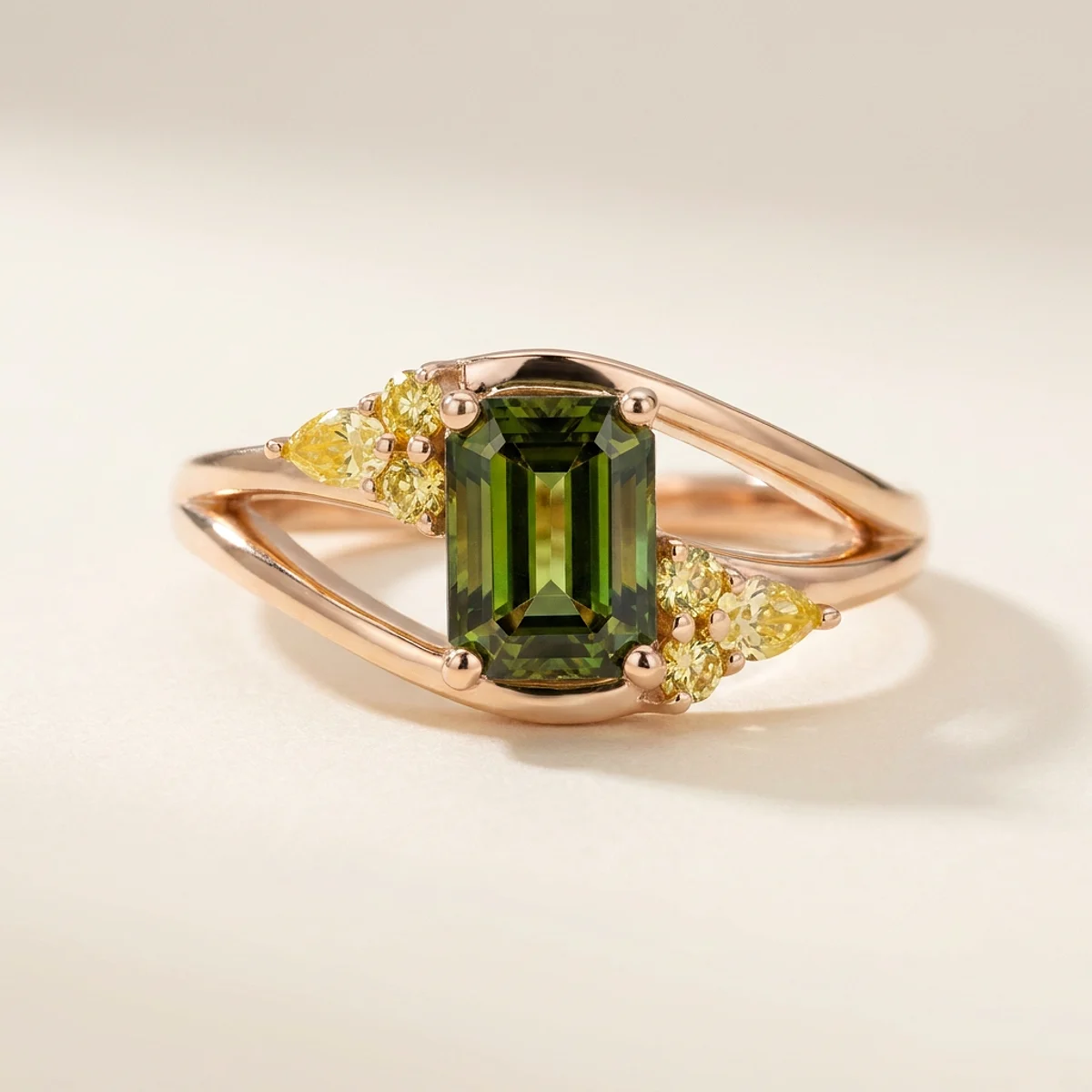 A 1ct green emerald diamond on a yellow gold ring, custom-designed by Eterneva to honor the remarkable Lucy.