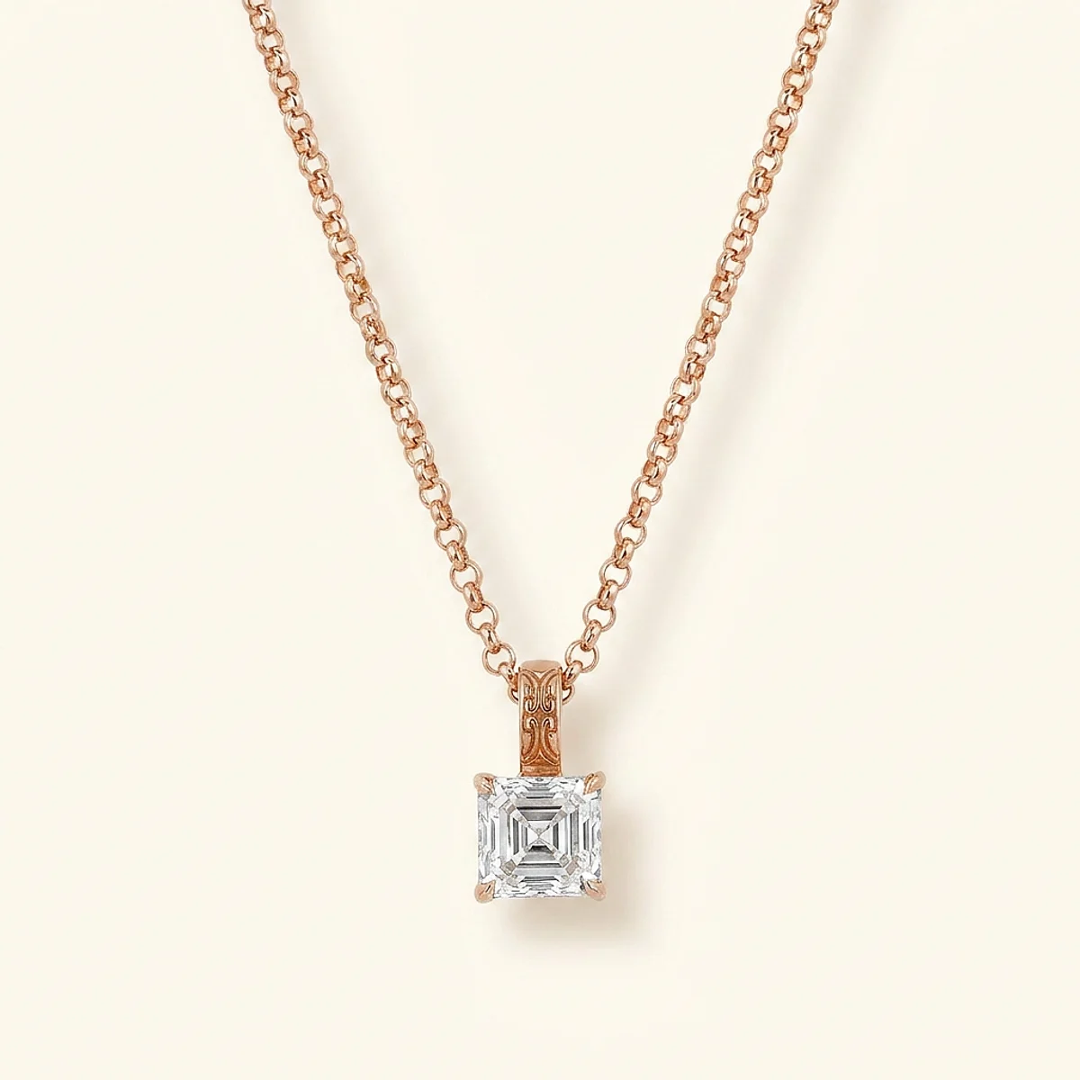 A 1ct colorless asscher diamond on a rose gold necklace, custom-designed by Eterneva to honor the remarkable Lilly.